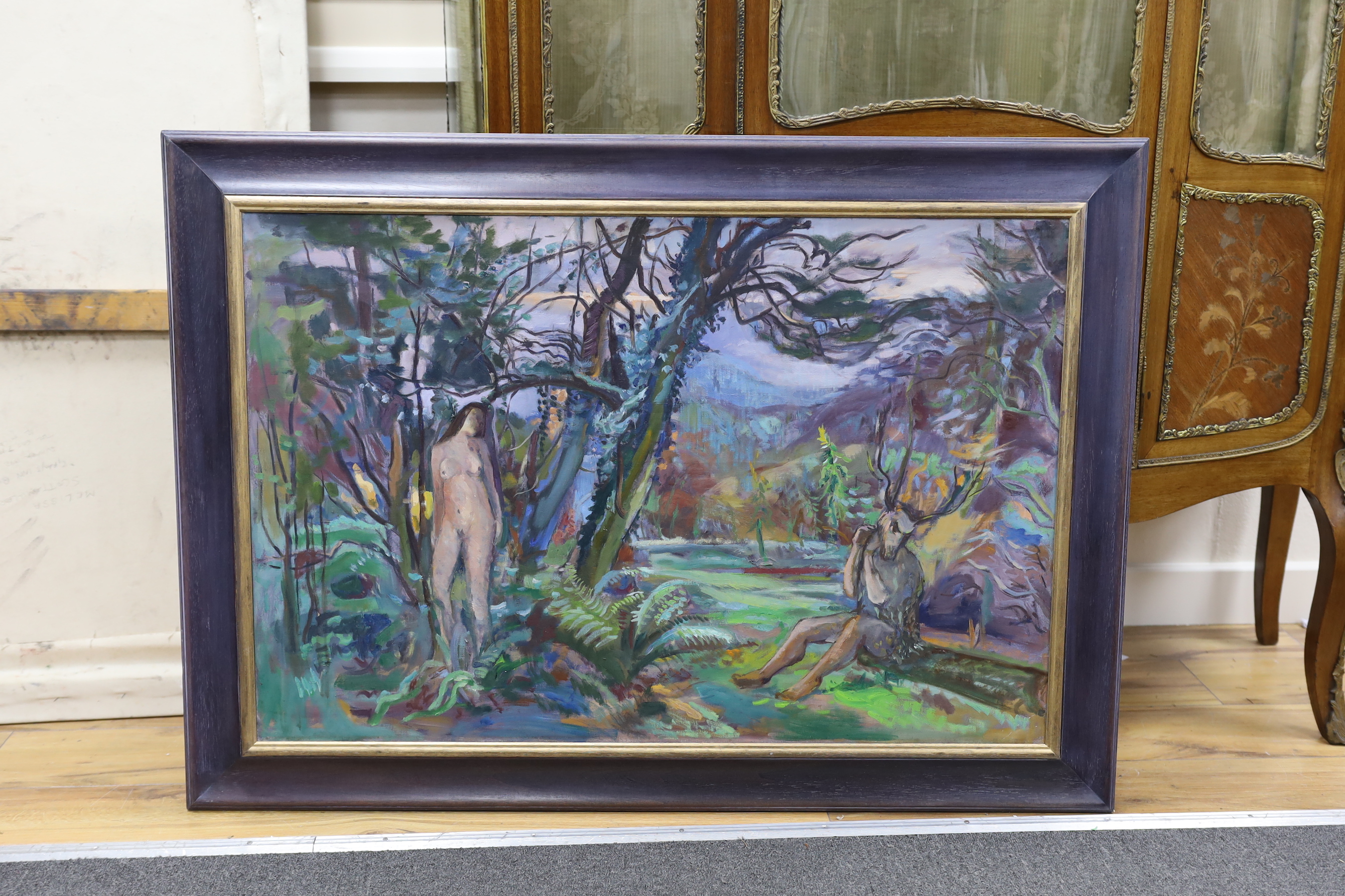 Phyllis Bray (1911-1991), oil on canvas, Two nude figures in a landscape, partial label and stamp verso, 60 x 90cm